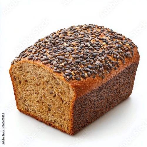 Freshly baked loaf of bread with sesame and poppy seeds on top in a warm gold...