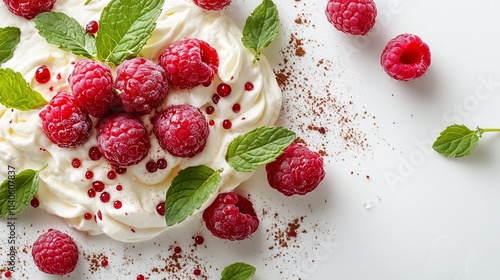 Delicious dessert with whipped cream, fresh raspberries, and mint leaves.