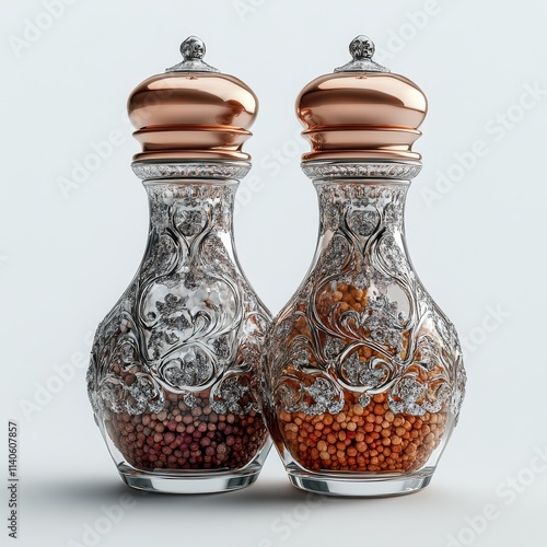 Unique glass containers for spices filled with colorful seasonings and herbs