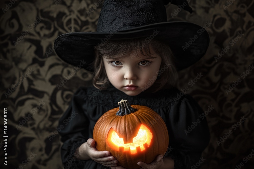 a child dressed as a witch holds a jack-o'-lantern a child dressed as a witch holds a jack-o'-lantern