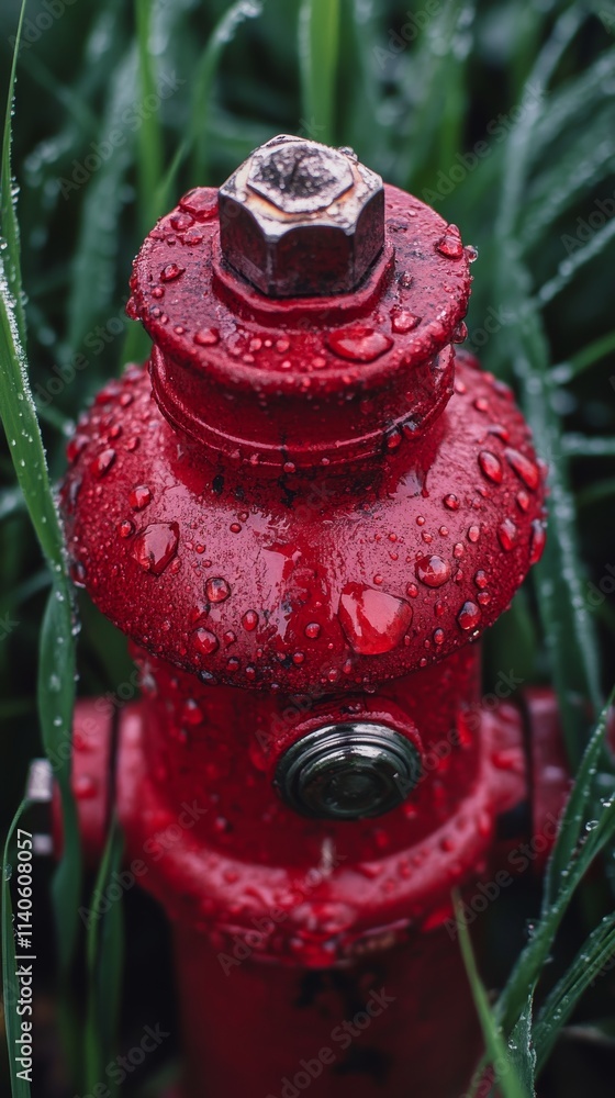 Fototapeta premium Red fire hydrant covered in water droplets surrounded by green grass