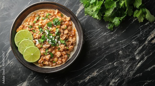 Delicious chicken dish with lime served on a black marble countertop with fre...
