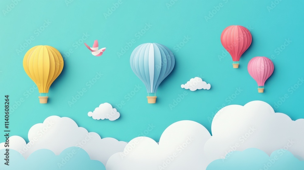 Fototapeta premium Colorful balloons ascending into clear sky open air scene digital illustration whimsical concept