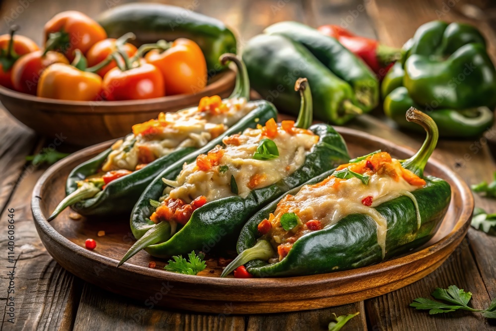 Panoramic Chili Rellenos: Stuffed Peppers, Cheese, Mexican Food Recipe, Spicy Dish, Delicious Cuisine, Restaurant Food Photography Panoramic Chili Rellenos: Stuffed Peppers, Cheese, Mexican Food Recipe, Spicy Dish, Delicious Cuisine, Restaurant Food Photography