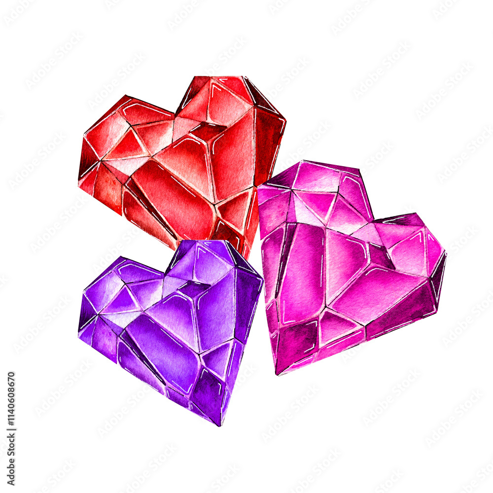 Set of watercolor elements. Composition of crystals in the shape of a heart in pink, red, purple colors. Illustration. Set of watercolor elements. Composition of crystals in the shape of a heart in pink, red, purple colors. Illustration.