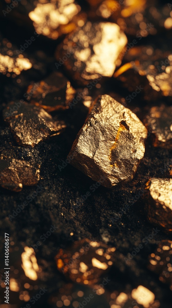 Gold nuggets glittering on dark ore, concept of wealth and mining Gold nuggets glittering on dark ore, concept of wealth and mining