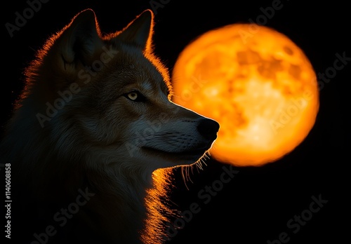 Majestic Wolf Silhouetted Against a Fiery Orange Moon photo