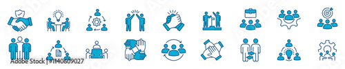 Teamwork icon set in line style. working together.  Business team icon. Containing collaboration, agreement, cooperation, people, achievement, partnership, unity, handshake, help, management, group photo