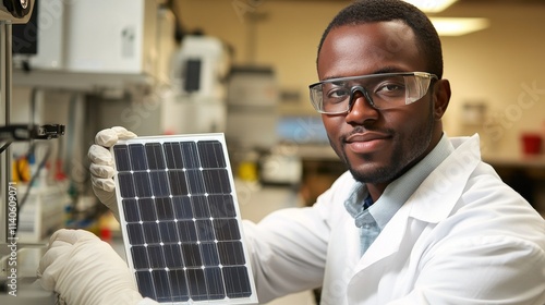 Scientist examines solar panel for quality control in modern laboratory envir...