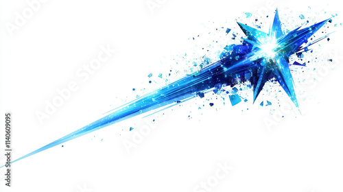 A neon-blue shooting star with an iridescent gradient tail of glowing streaks and sharp crystalline edges, clear and vivid white background, vibrant details, strong contrast between star and backgroun photo