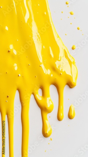 Dripping yellow paint on white background creating abstract design