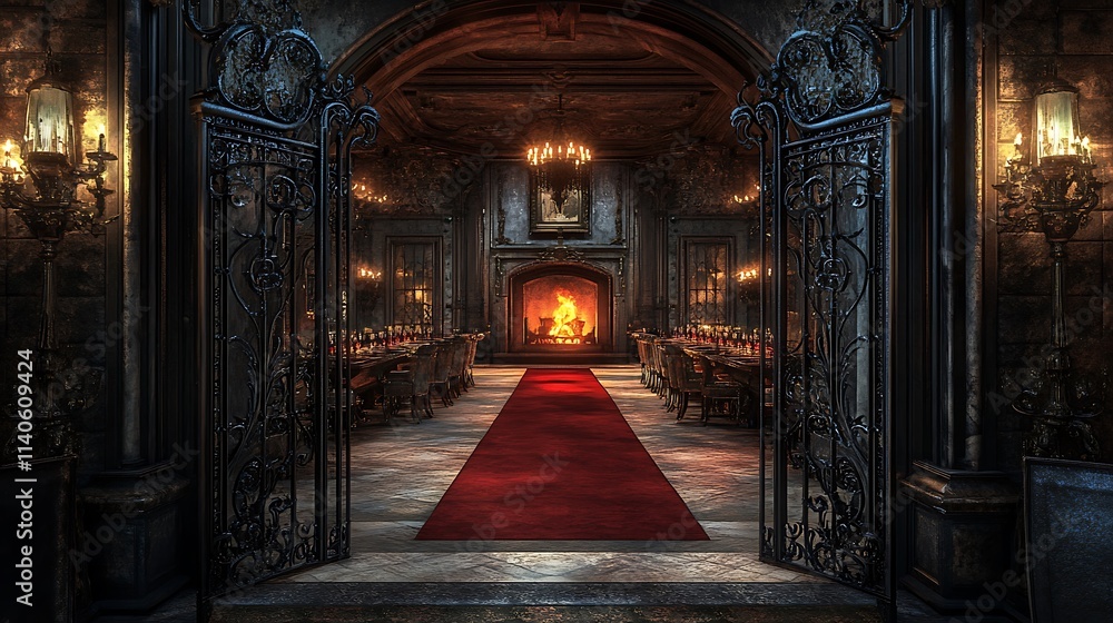 Fototapeta premium Wrought iron gates with an antique patina, leading to a regal dining room with a plush red carpet, a long banquet table, and a roaring fireplace framed by ornate stonework. Dramatic, royal ambiance,