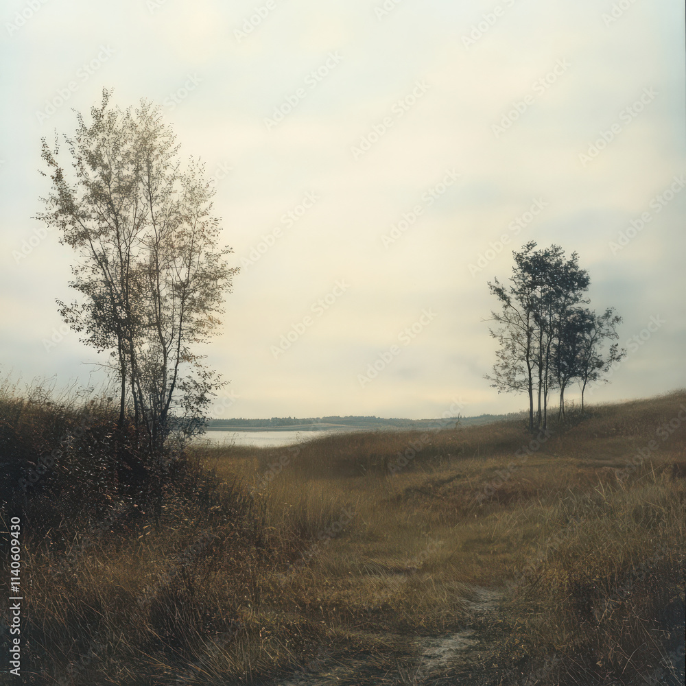 Fototapeta premium Serene landscape tranquil autumn scene peaceful nature calm quiet solitude grassland trees horizon sky water field path brown gold muted overcast day outdoor nature environment scenery view