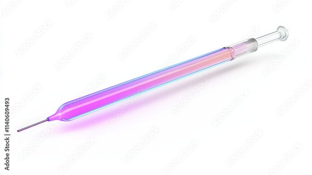 Fototapeta premium Colorful glass syringe with gradient neon glow isolated on white background