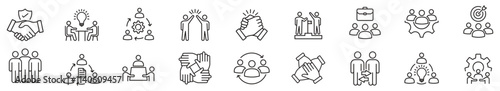 Teamwork icon set in line style. working together.  Business team icon. Containing collaboration, agreement, cooperation, people, achievement, partnership, unity, handshake, help, management, group