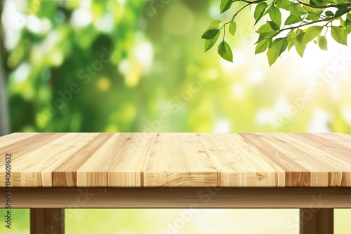 Empty wooden table top with blurred spring nature background