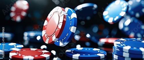 Photograph of a close-up view of a pile of poker chips, with red, blue, and white chips scattered around. The background is blurred, with a dark and moody atmosphere. The chips are shiny and reflectiv photo