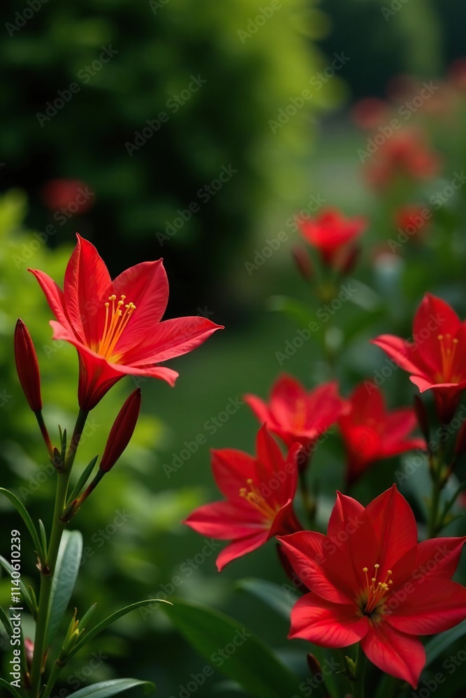 Red Alstroemeria flowers and green foliage in a garden landscape, bloom, red Red Alstroemeria flowers and green foliage in a garden landscape, bloom, red