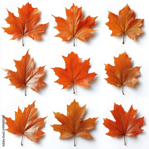 Colorful autumn leaves arranged in a grid showcasing various shapes and textures