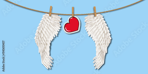 Valentine's Day. Angel wings drying on a clothesline. Vector.