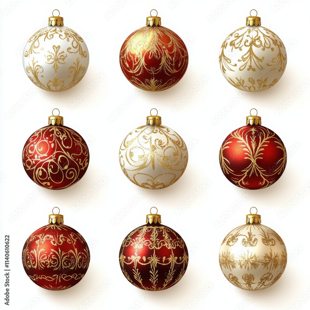Decorative Christmas ornaments arranged in a nine part grid with intricate designs and colors Decorative Christmas ornaments arranged in a nine part grid with intricate designs and colors