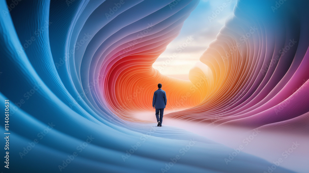 Surreal landscape with colorful waves and person walking Surreal landscape with colorful waves and person walking