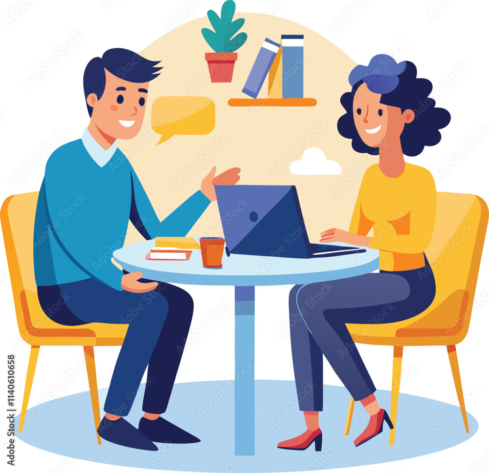 Partners meeting for business discussion with documents and laptop on desk. Couple at round table, speaking, discussing work, partnership. Flat vector on a white background Partners meeting for business discussion with documents and laptop on desk. Couple at round table, speaking, discussing work, partnership. Flat vector on a white background