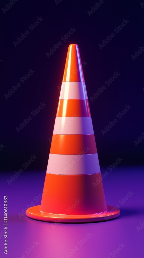 Orange and white traffic cone standing on purple background Orange and white traffic cone standing on purple background