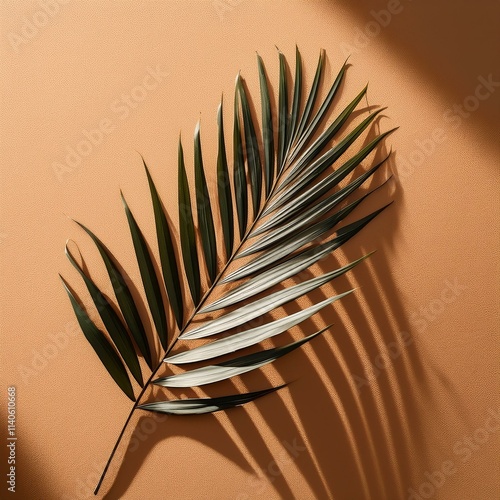 Top-down view of a tropical palm leaf’s shadow on a sand-colored surface. Minimal summer aes photo