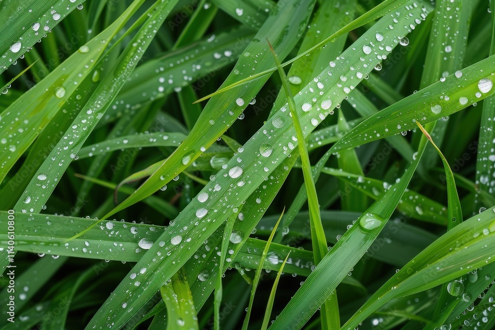Dew drops sparkle on fresh green grass blades under morning light in a serene natural setting Dew drops sparkle on fresh green grass blades under morning light in a serene natural setting
