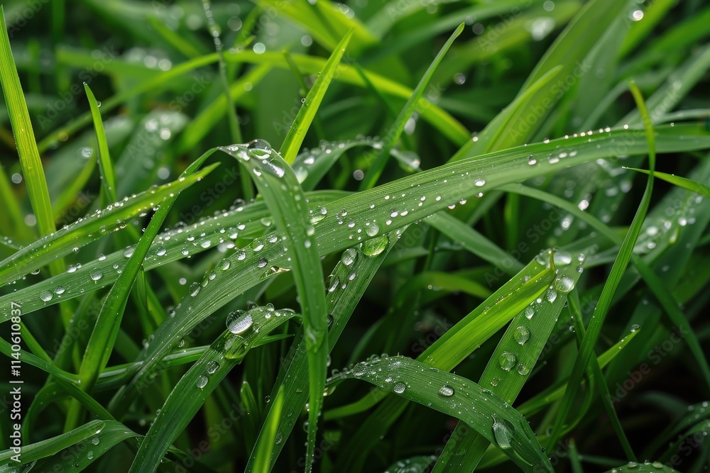 Obraz premium Dew drops sparkle on fresh green grass blades under morning light in a serene natural setting