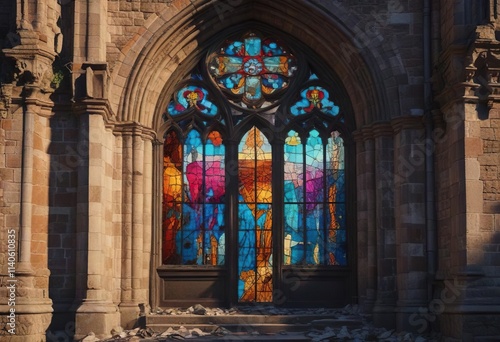 Ruined church facade with broken stained glass, broken panes, broken architecture