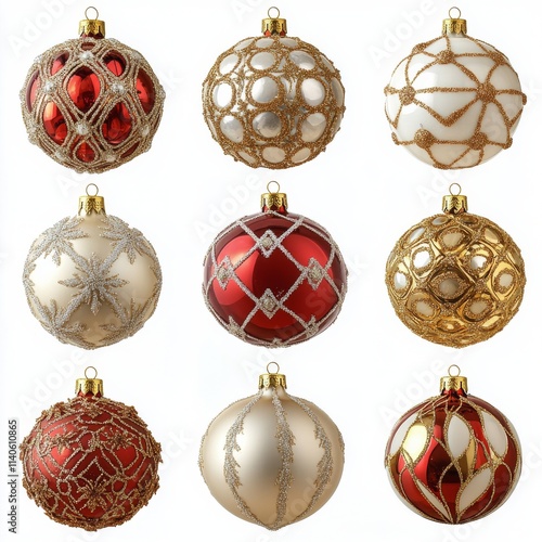 Decorative Christmas ornaments arranged in a nine part grid with intricate de...