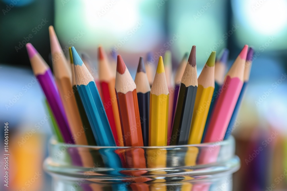 An array of vibrant colored pencils in a jar, showcasing creativity and the joy of art making. An array of vibrant colored pencils in a jar, showcasing creativity and the joy of art making.