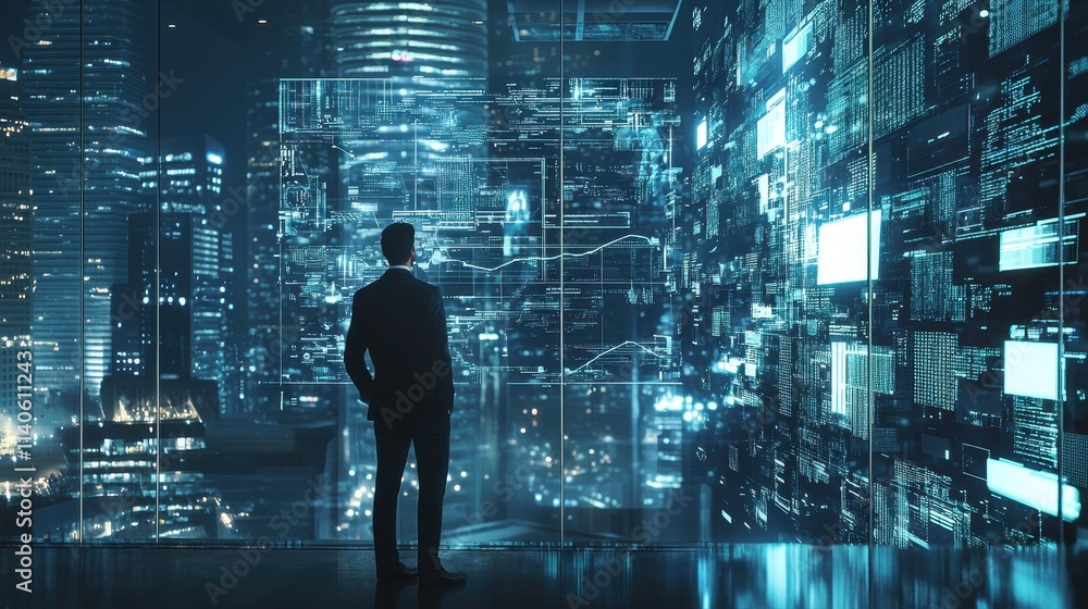 Expert Analyzing Digital Transformation Trends in Futuristic Urban Skyline with Data Visualization Expert Analyzing Digital Transformation Trends in Futuristic Urban Skyline with Data Visualization