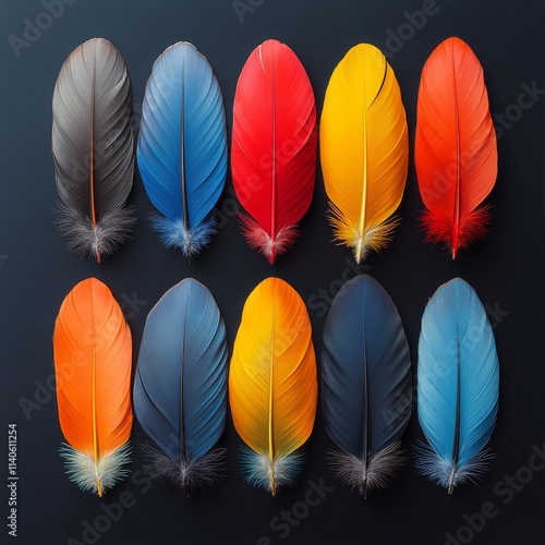 Colorful feathers arranged in a row showcasing natural beauty and variety of ...