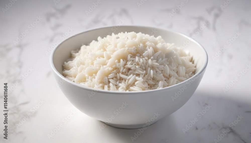 Simple bowl of cooked white rice on a clean white background, empty space, white rice Simple bowl of cooked white rice on a clean white background, empty space, white rice
