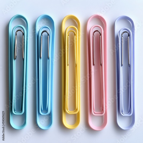 Colorful paper clips arranged in a row on a plain background for organization...