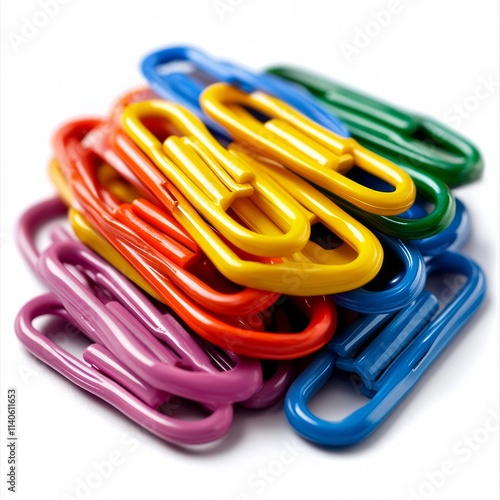 Colorful paper clips arranged in a row on a plain background for organization...