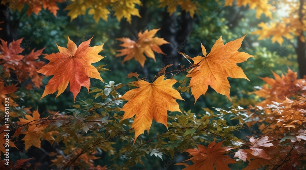 Single maple leaf with vibrant autumn colors against a backdrop of dark, bluish green leaves , warm tones, outdoor Single maple leaf with vibrant autumn colors against a backdrop of dark, bluish green leaves , warm tones, outdoor