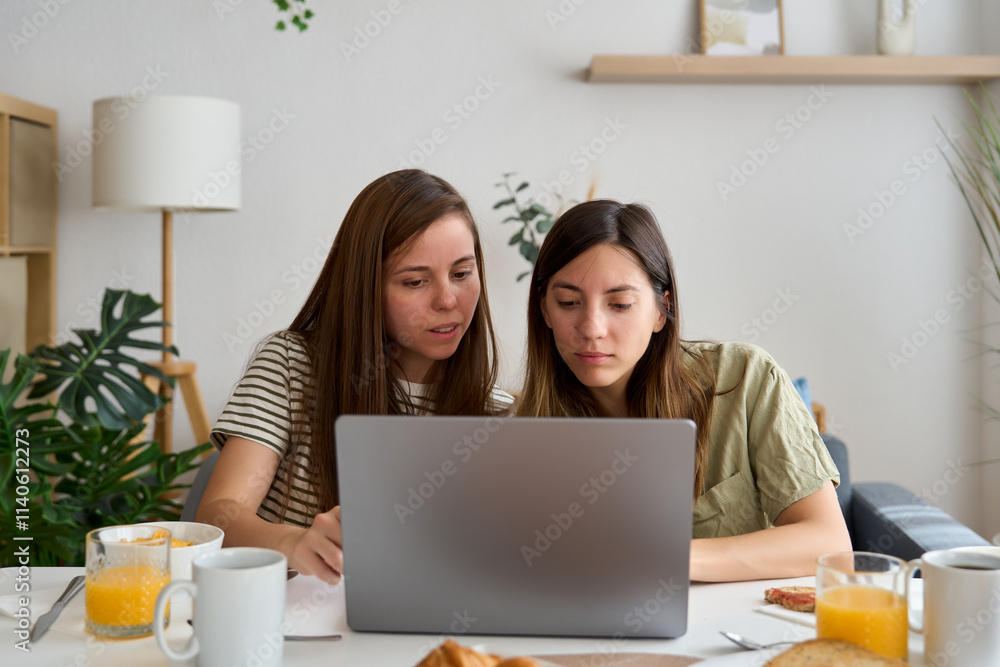Lesbian couple working together at home on a laptop Lesbian couple working together at home on a laptop