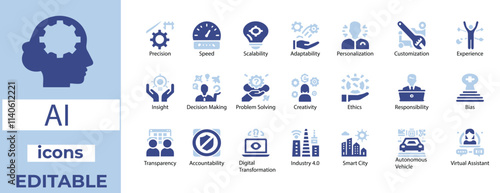 AI Icon Set Precision, Scalability, Decision Making, Industry 4.0, Smart City, Virtual Assistant Editable & Modern