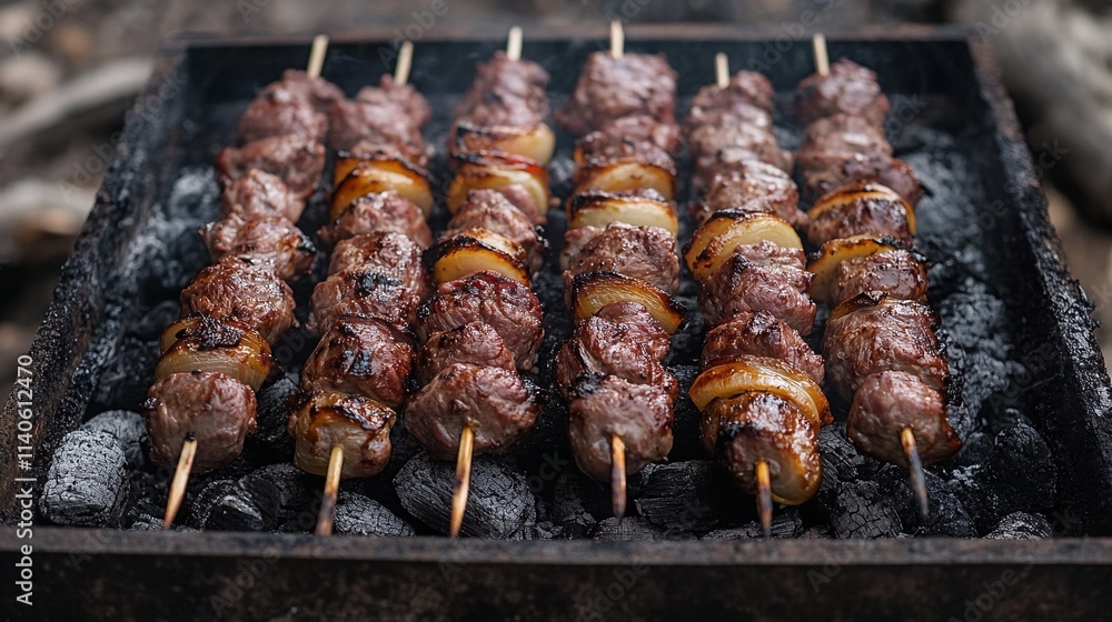 Beef and onion kebabs cooking on charcoal grill. Beef and onion kebabs cooking on charcoal grill.