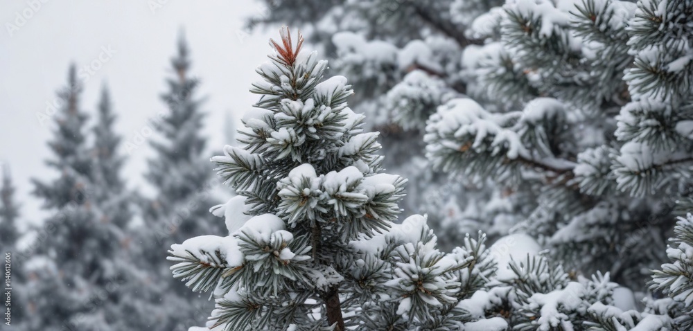 Snow-covered blue spruce tree against a grey and white sky, cold weather, frosty atmosphere, cloudy day Snow-covered blue spruce tree against a grey and white sky, cold weather, frosty atmosphere, cloudy day