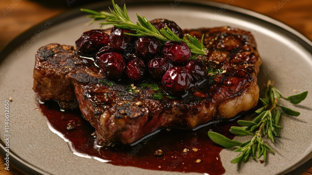 Grilled bone-in rib eye served with a vibrant huckleberry port reduction for a perfect culinary experience. Grilled bone-in rib eye served with a vibrant huckleberry port reduction for a perfect culinary experience.