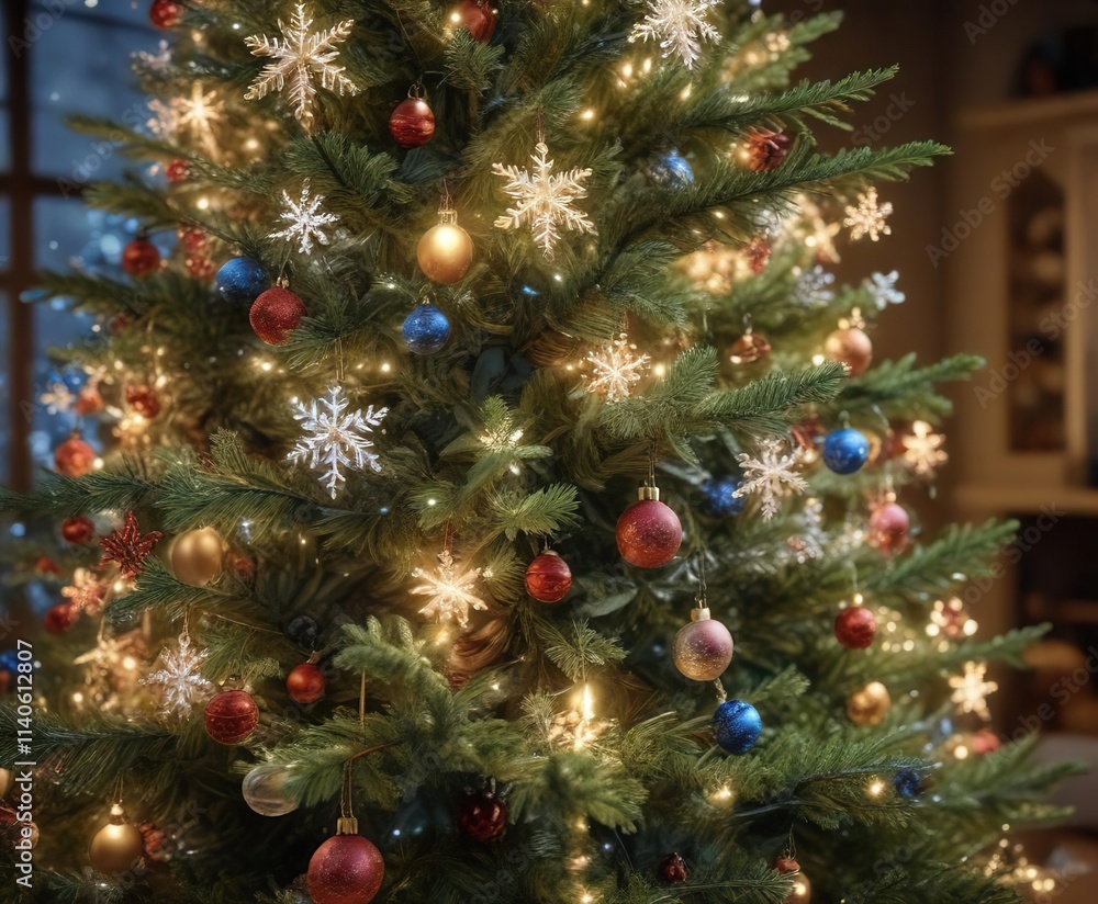 Fototapeta premium Snowflakes gently falling onto a beautifully decorated Christmas tree, evergreen tree, festive atmosphere, snowflakes