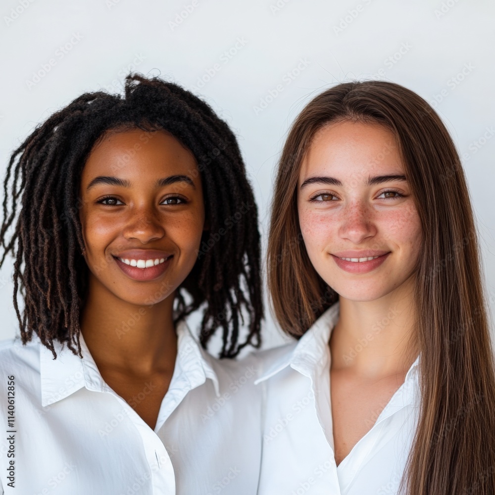 two women wearing white shirts posing together two women wearing white shirts posing together
