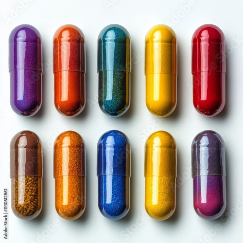 Colorful capsules arranged in a creative pattern with various shapes and sizes