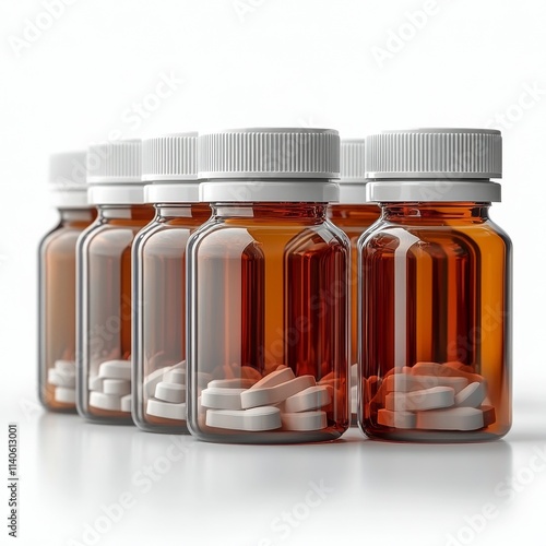 Colorful capsules in clear bottles arranged on a light surface for health sup...