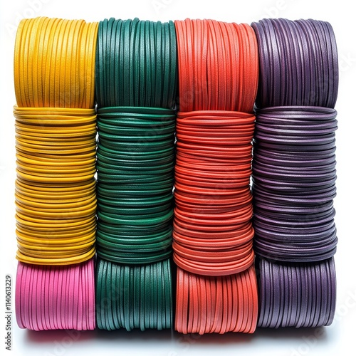 Colorful rolls of leather cords organized in vibrant stacks for crafting acti...